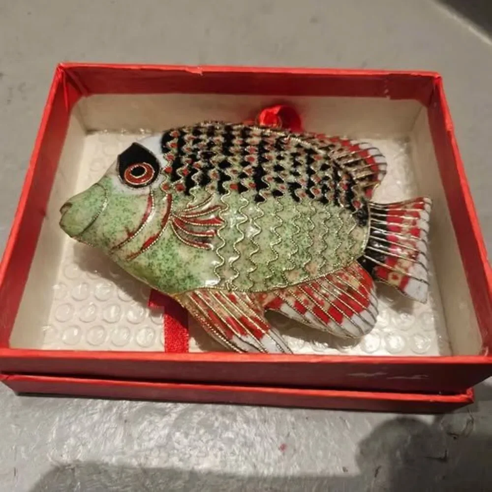 Metal Cloisonne Fish Ornament with Red Ribbon and Gift Box 3